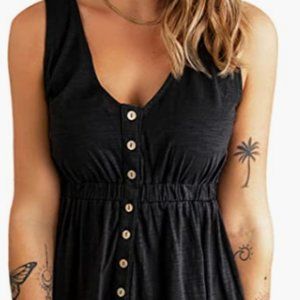 Womens Casual Sleeveless Button Down Elastic Waist Swing Dress M